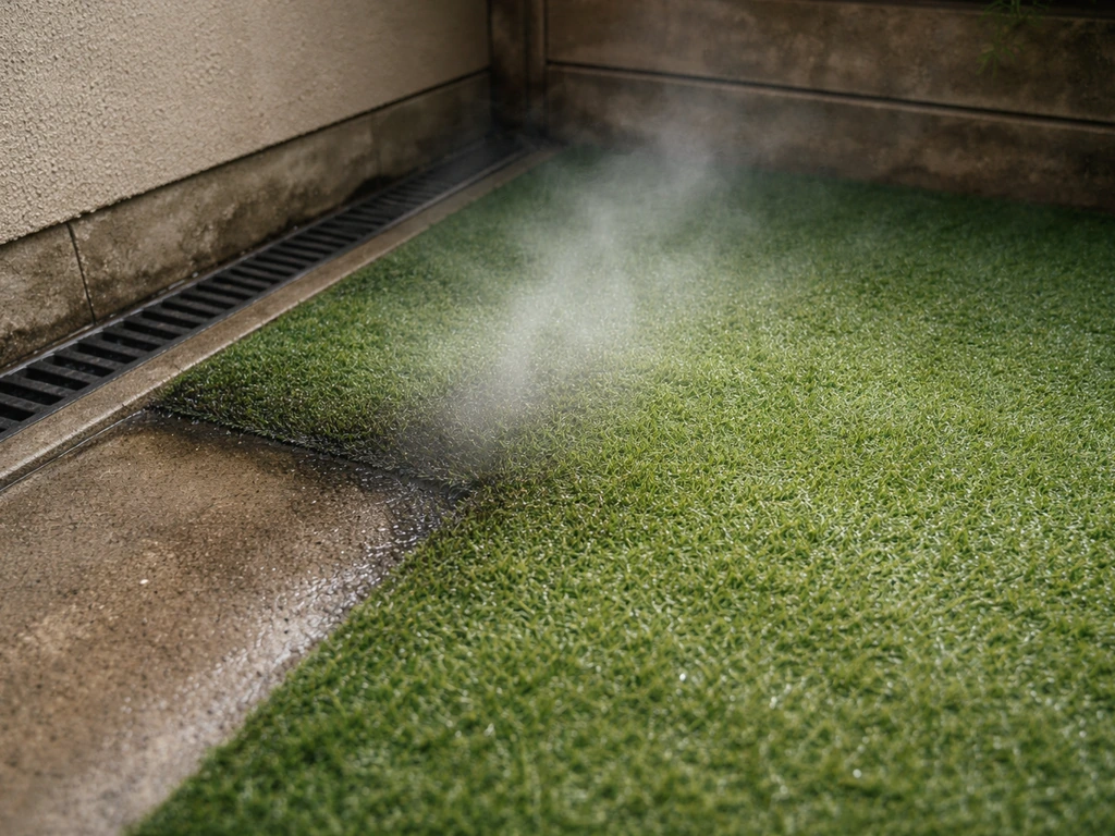Gazon artificiel sur terrasse avec une zone humide sombre, ambiance propice aux odeurs.