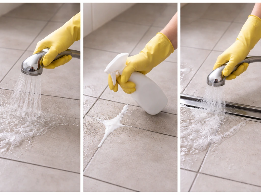 Mise en sécurité : rinçage à l’eau claire puis gants pour traiter une petite zone, avec rinçage final visible.