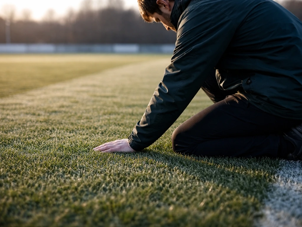 Une personne anonyme inspecte visuellement une pelouse, brins d’herbe nets et densité vérifiée.