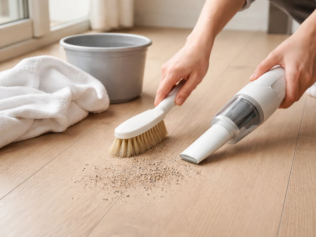 Mains anonymes nettoyant un revêtement après la session : brosse et mini-aspirateur, traces de débris visibles.