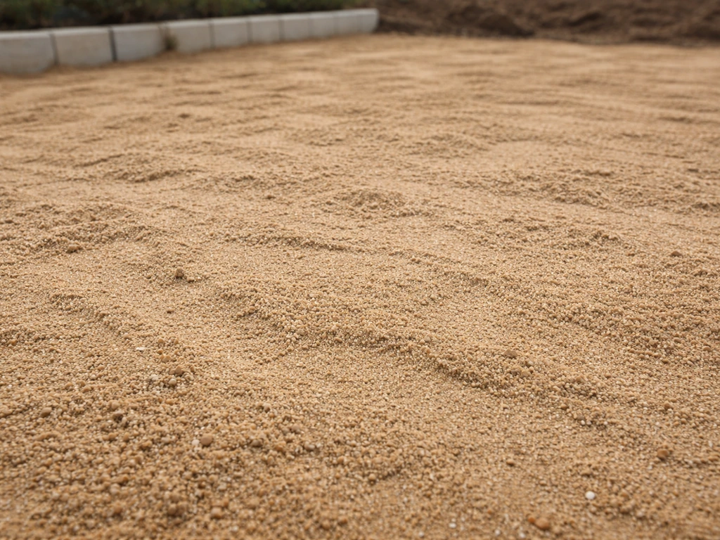 Couche de sable étalée et compactée, vue au ras du sol avant la pose du gazon