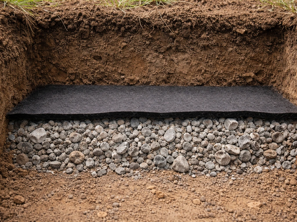 Profil en coupe réaliste montrant géotextile entre la terre végétale et une couche drainante en gravier concassé.