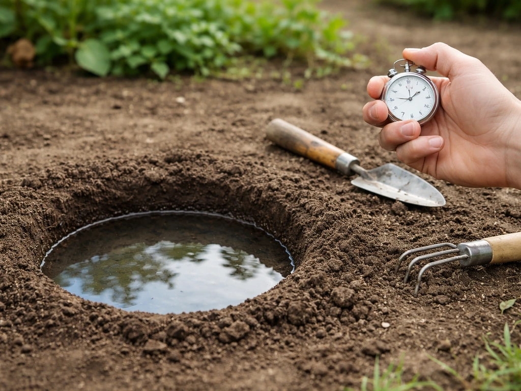 Un trou de jardin de 30 cm rempli d’eau, avec un chronomètre à côté pour mesurer l’infiltration.