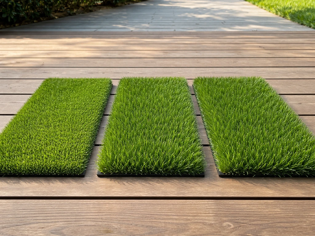 Trois bandes de gazon synthétique sur une terrasse en bois, comparant hauteur et texture des fibres.