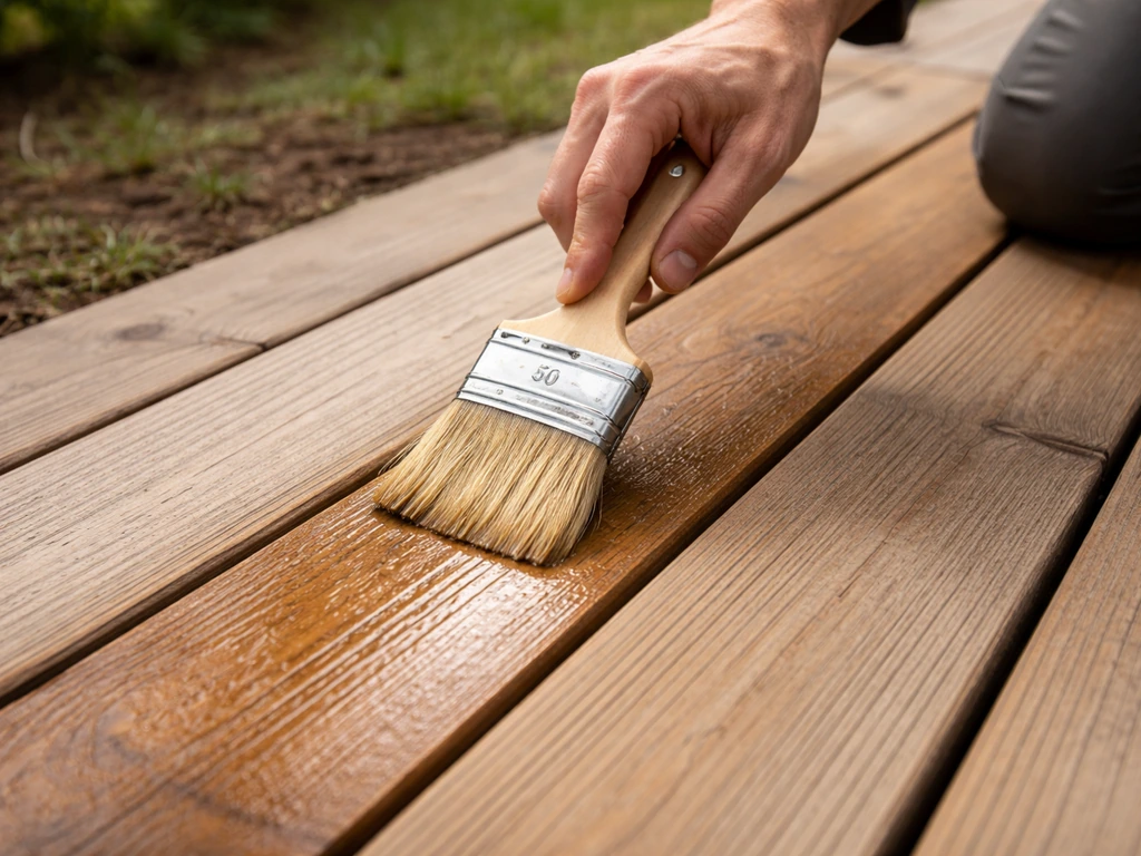 Lames de bois pour terrasse, avec un pinceau appliquant un saturateur sur une planche en gros plan, extérieur.