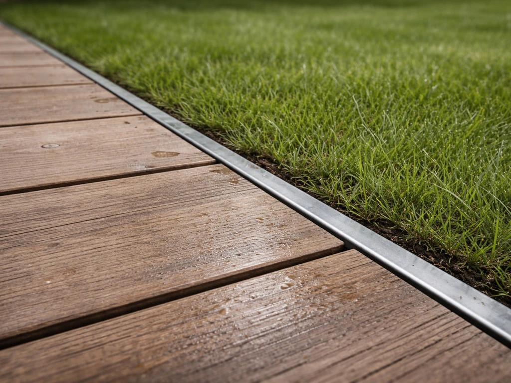 Transition nette entre terrasse en bois et pelouse, bordure en cornière métallique sans bourrelet.