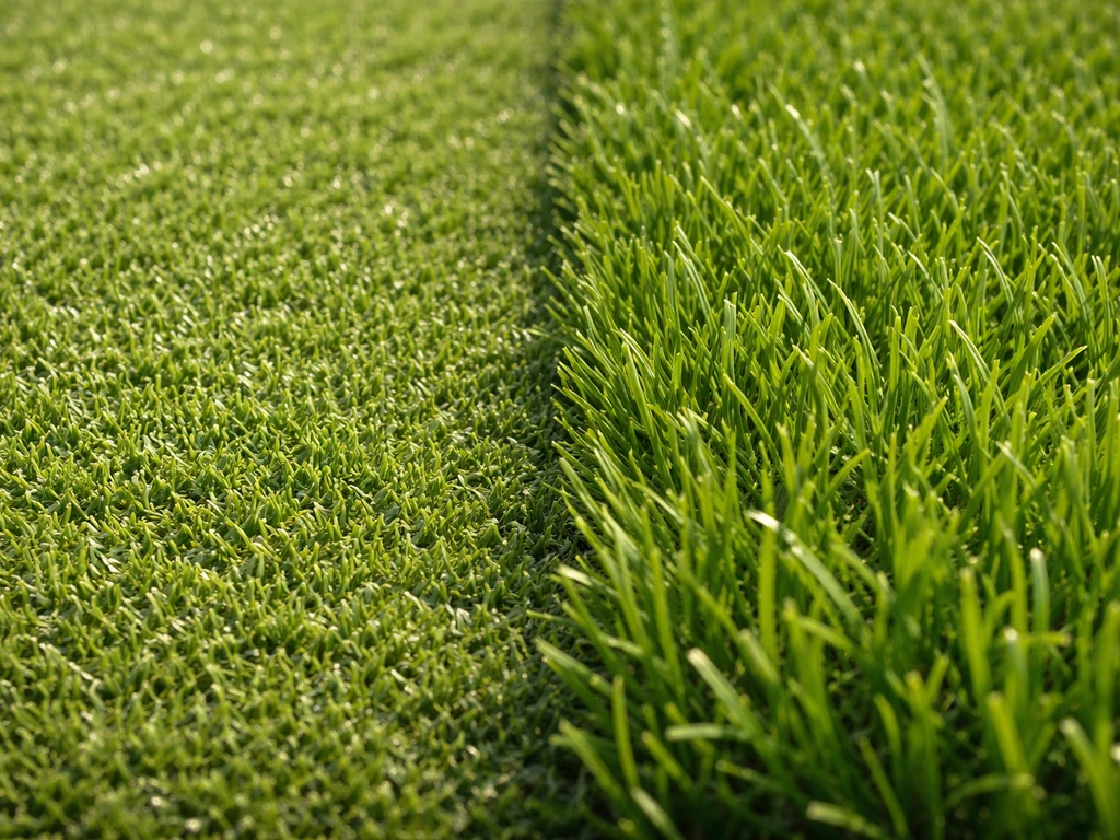 Gros plan comparatif d’une pelouse : brins à 20 mm vs 30 mm, différence d’aspect naturel visible.