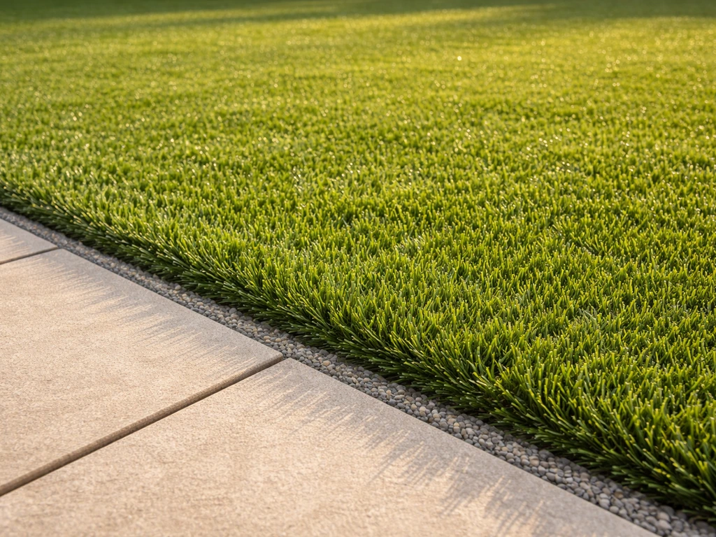 Terrasse avec gazon synthétique, bords avec jeu de dilatation, brins redressés après chaleur.