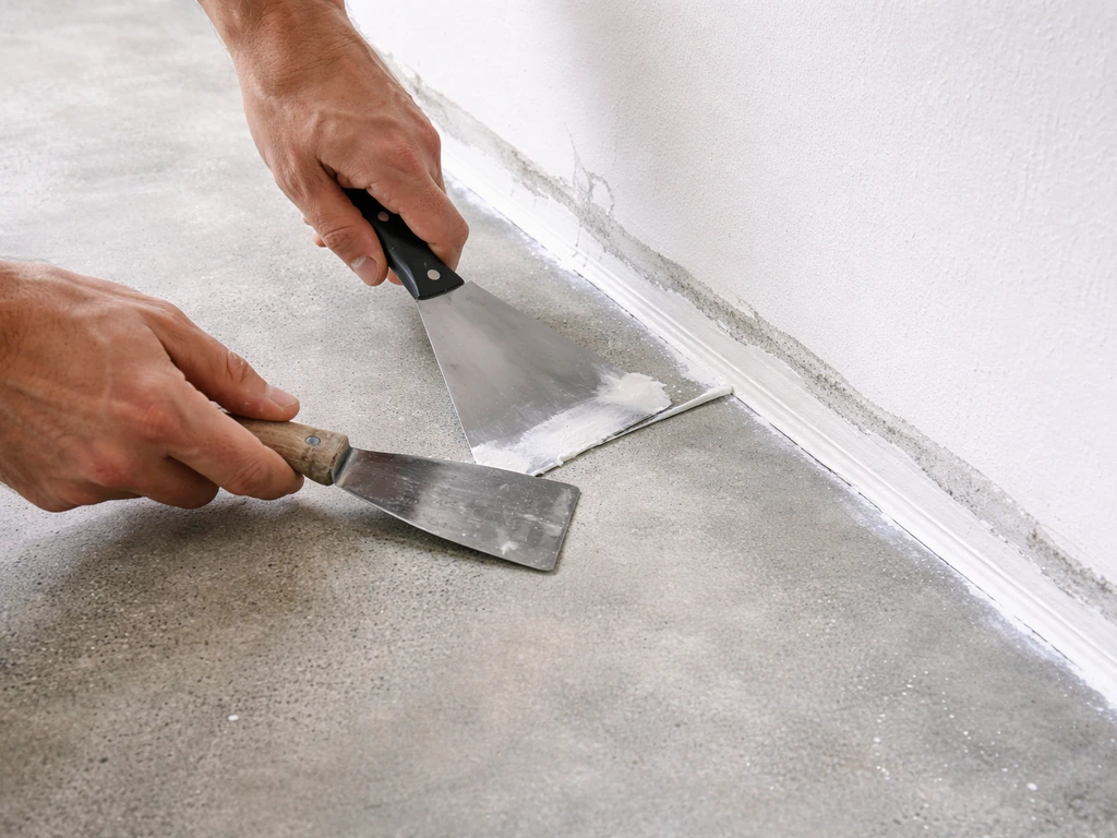 Pose d’un revêtement sur sol en béton, avec fixation périphérique et finitions au bord, vue rapprochée.