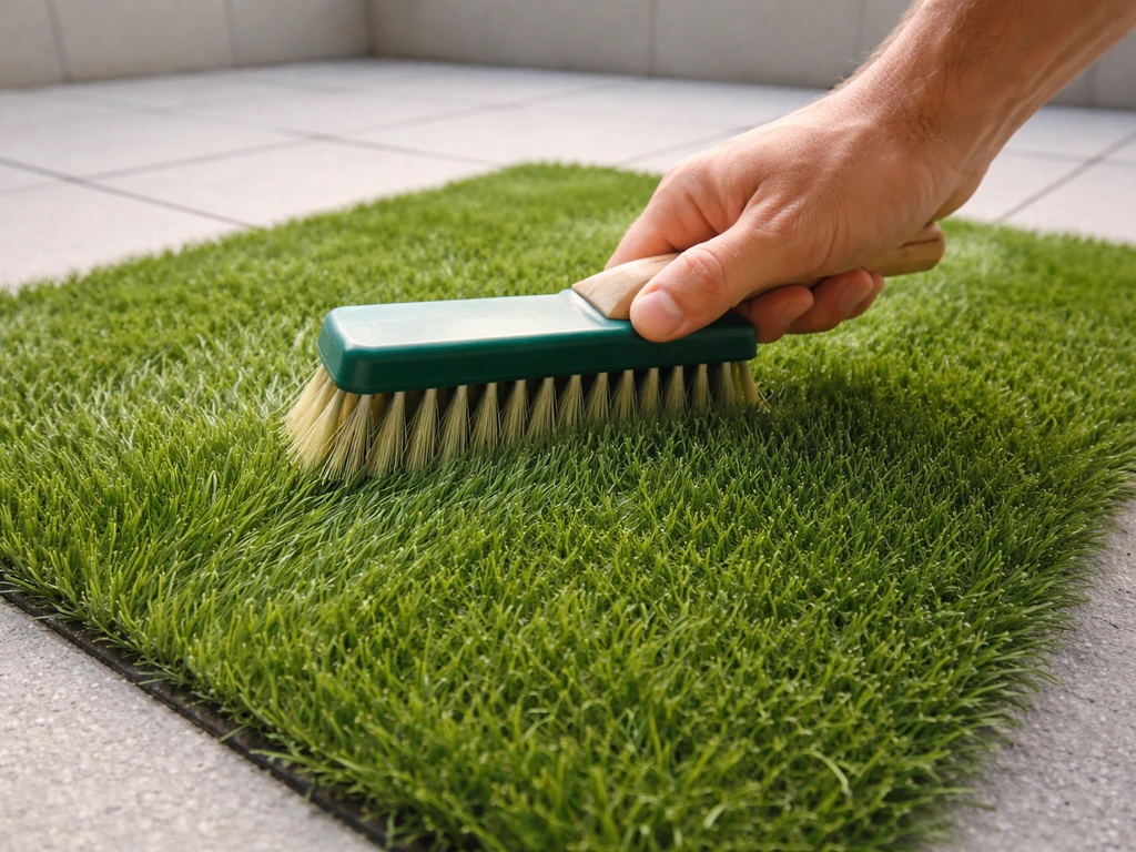 Entretien d’un gazon synthétique : brossage régulier avec une brosse rigide pour relever les brins.