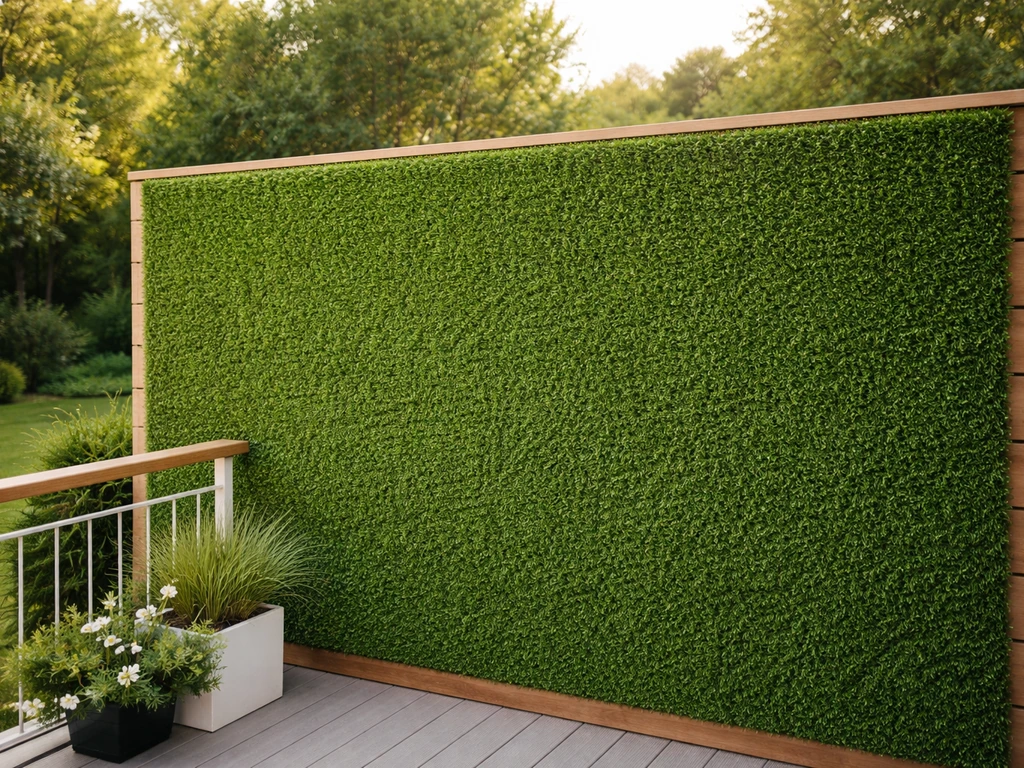 Mur vertical en gazon synthétique sur une clôture en bois, extérieur, lumière naturelle.