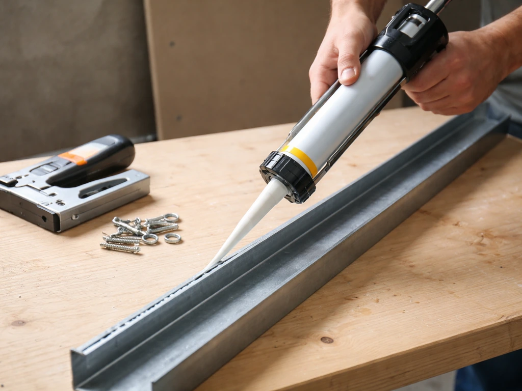 Cartouche de colle PU et outils de fixation sur chantier, avec profilés et fixations mécaniques prêtes à l’emploi.