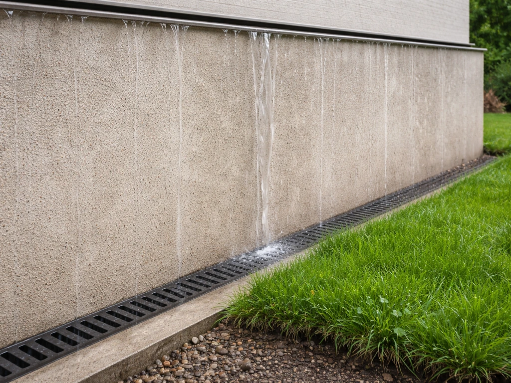 Mur extérieur : eau de pluie ruisselant vers un drainage discret à côté du gazon, sans stagnation.