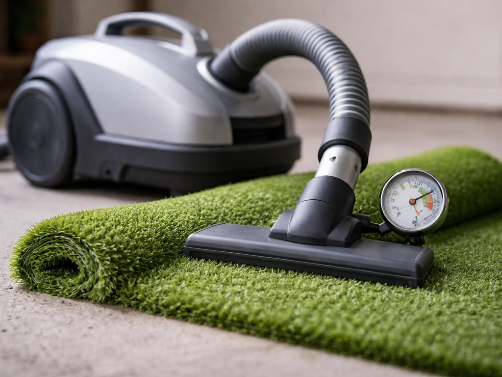 Aspirateur-balayeur avec tuyau posé près d’un gazon synthétique, manomètre montrant une aspiration pour distinguer moteu