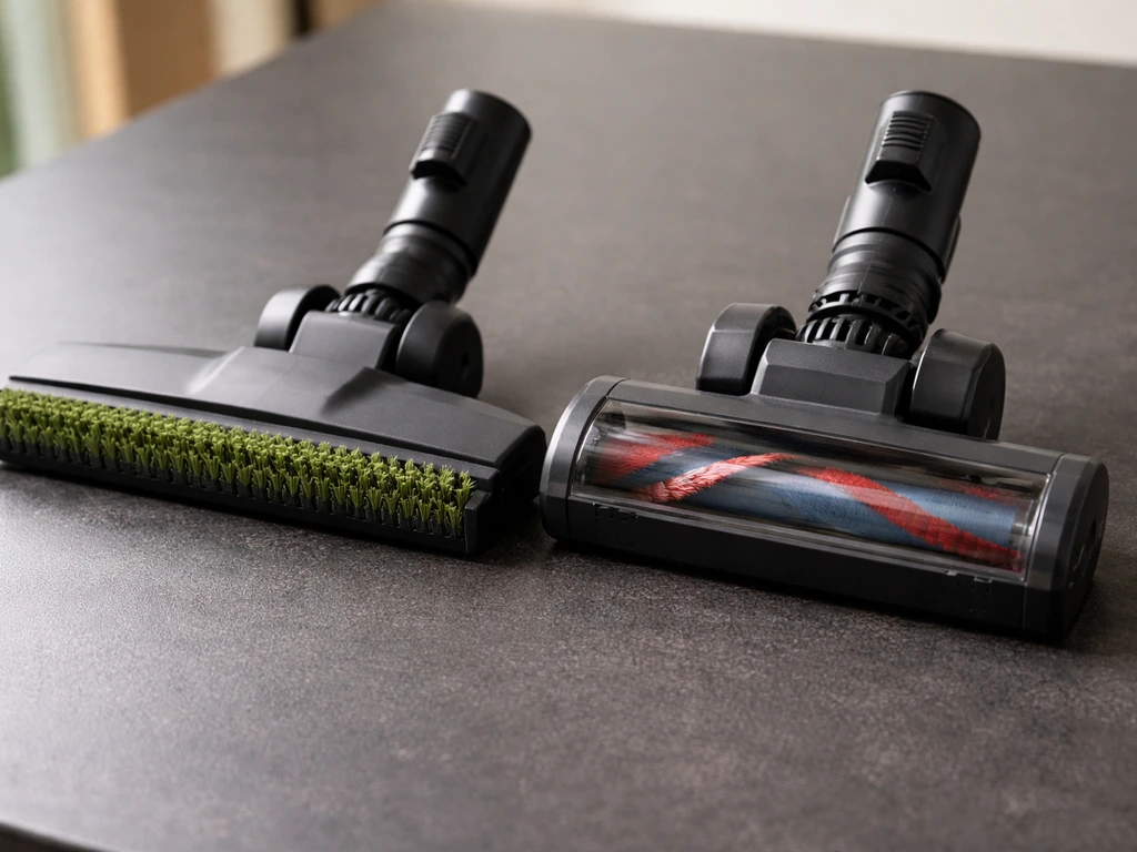 Gros plan de deux embouts : une brosse plate adaptée et une turbobrosse à éviter, sur fond sombre.