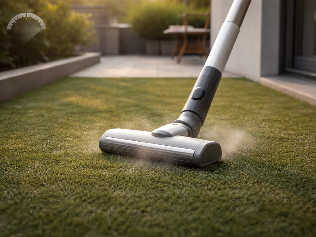 Aspirateur en action sur pelouse synthétique au petit matin, ambiance calme, repère sonore discret et non lisible.