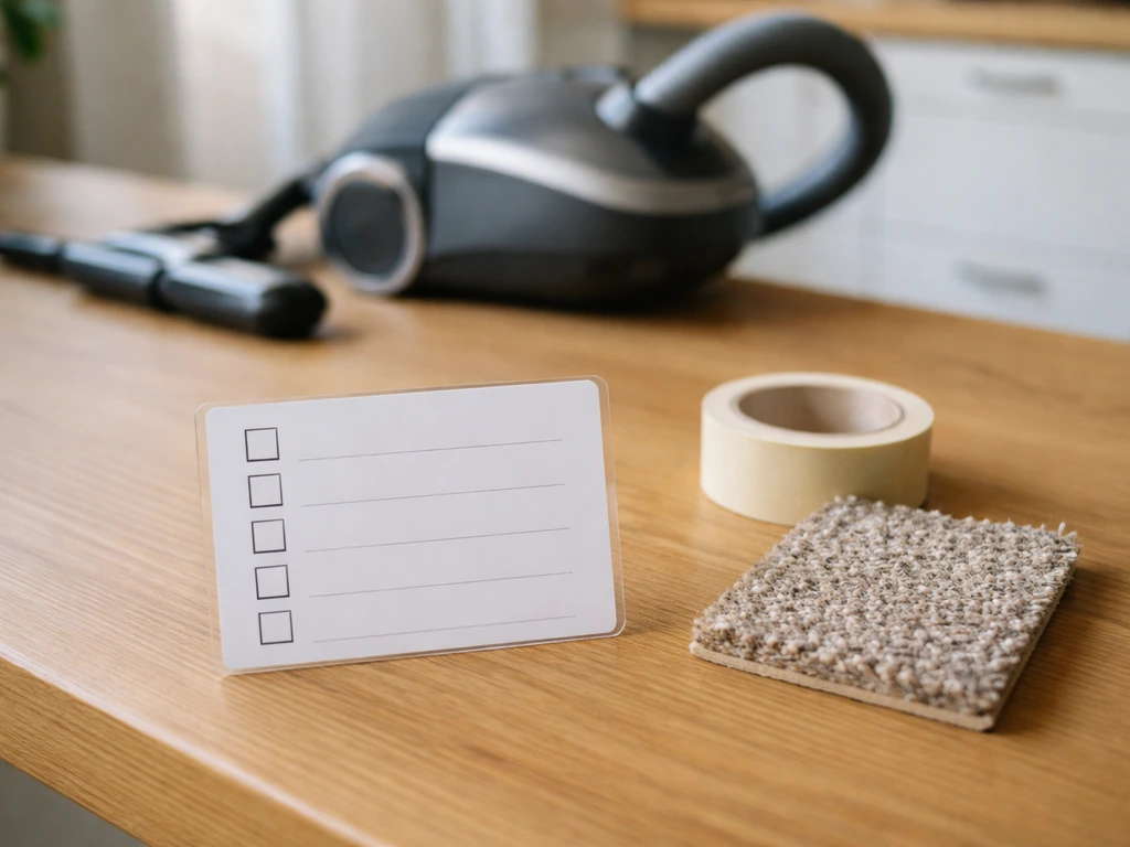 Carte vierge de vérification posée sur une table avec aspirateur et échantillon de tapis, lumière naturelle.