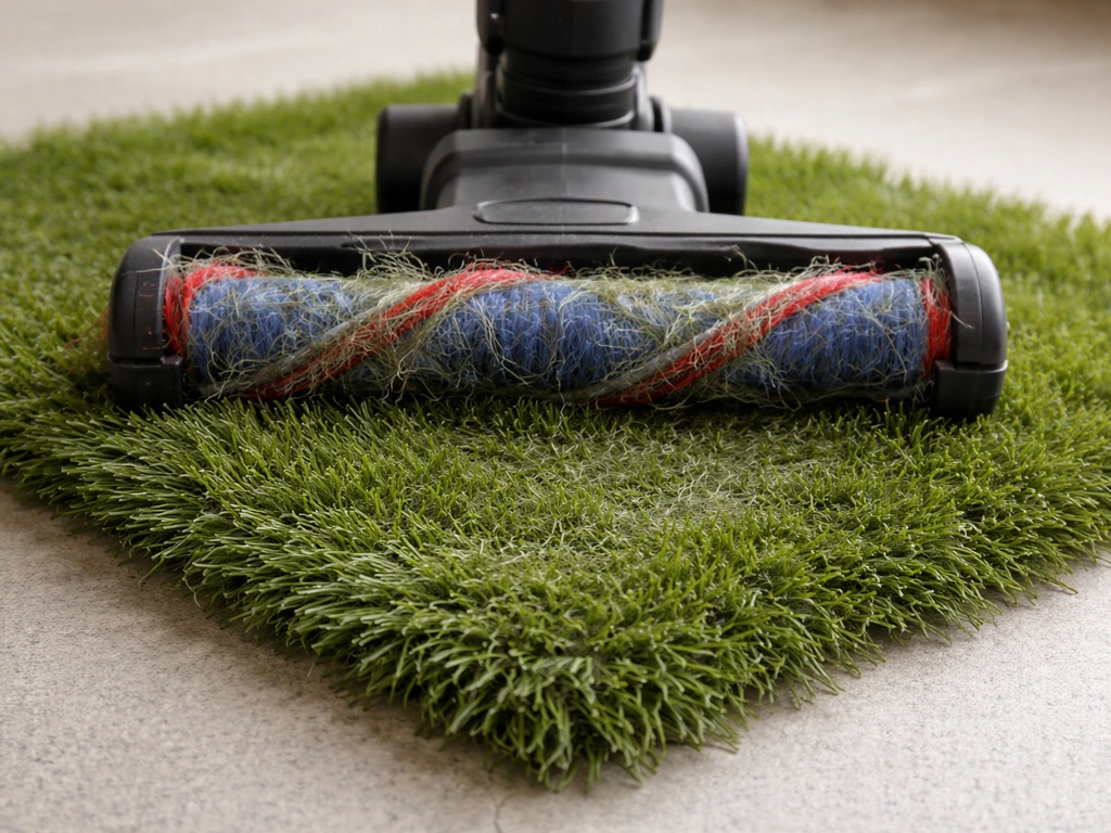 Rouleau de turbobrosse avec fibres de gazon synthétique enroulées et traces d’aspiration inadaptée.