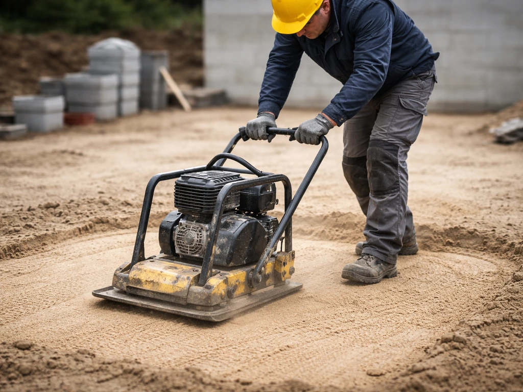 Une plaque vibrante compacte le sable sur un chantier, avec une personne anonyme en arrière-plan flou.