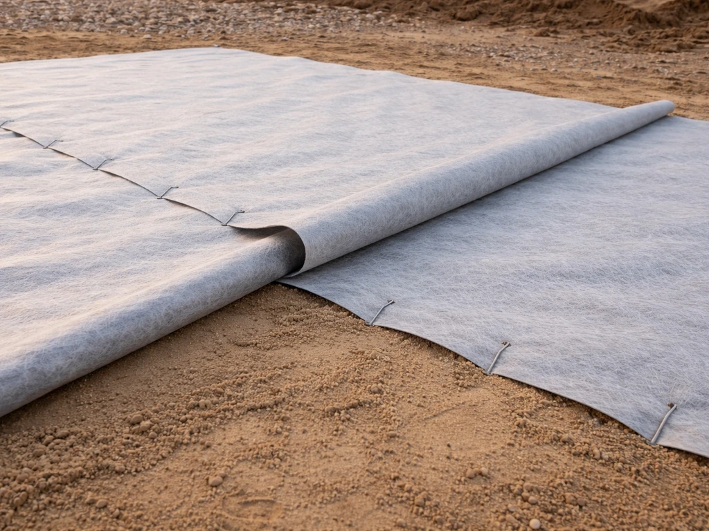 Géotextile non tissé gris posé sur sable compacté, chevauchement et épingles visibles avant la suite des travaux.