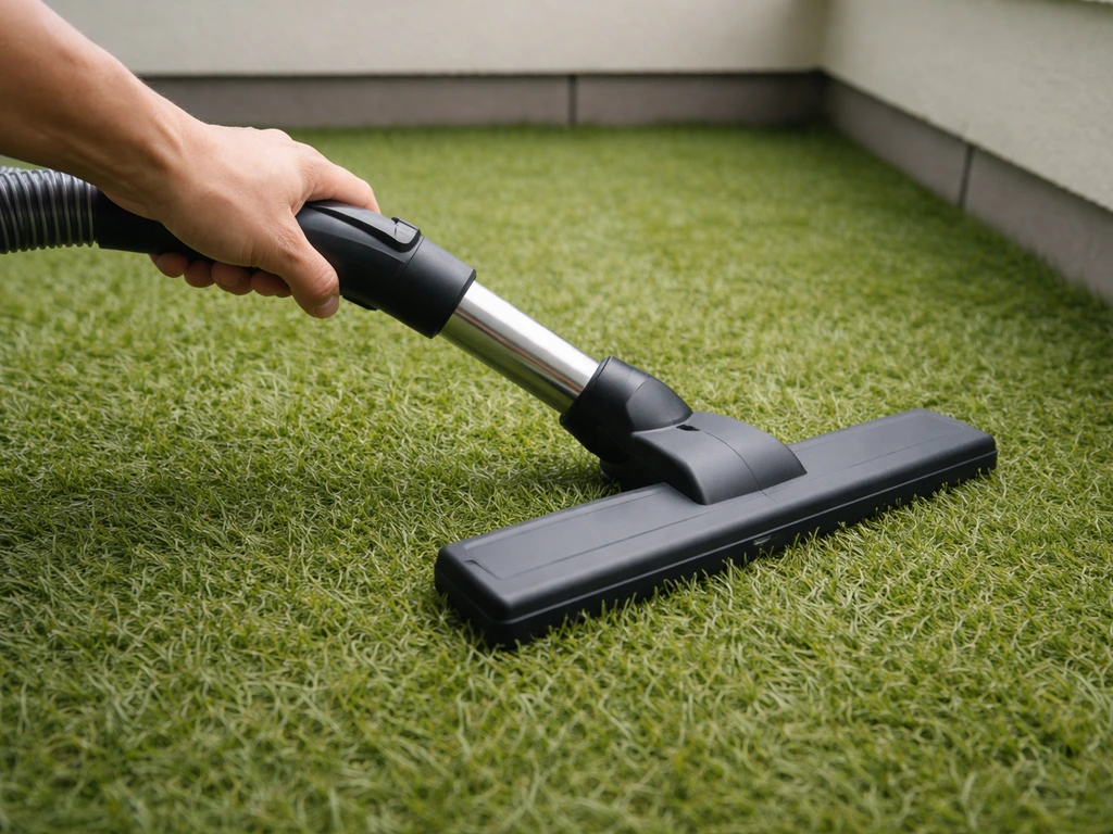 Aspirateur domestique avec suceur plat aspirant un gazon synthétique sur une petite terrasse