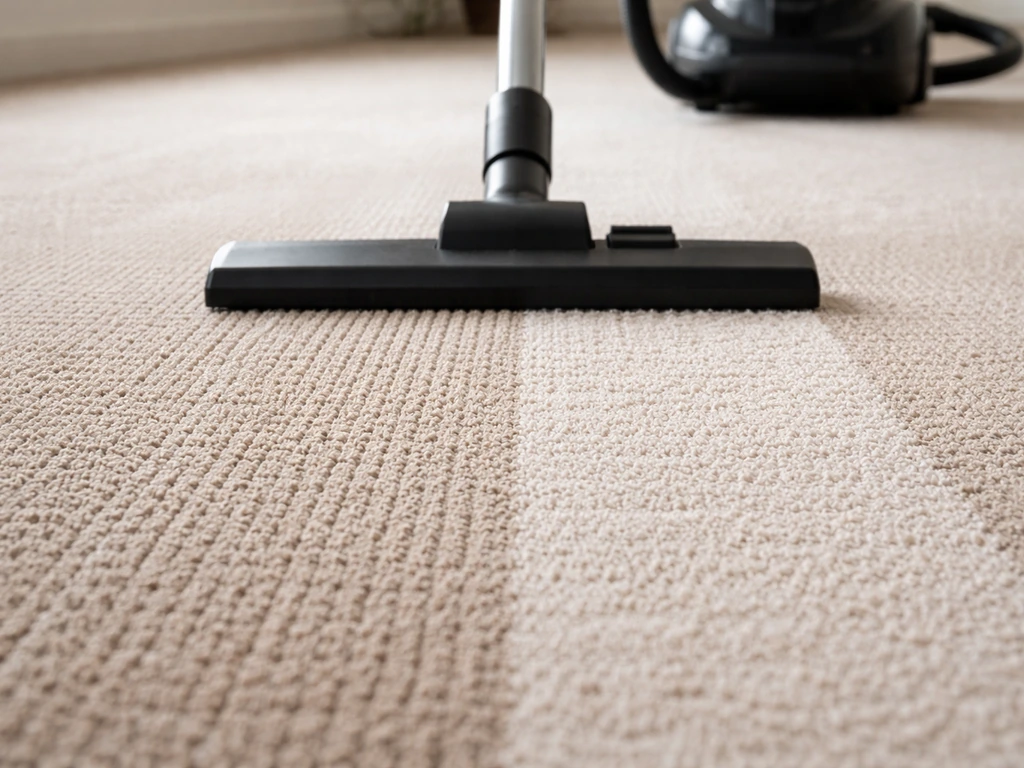 Aspirateur faisant un passage dans le sens des fibres puis en sens inverse sur une moquette, fibres remises.