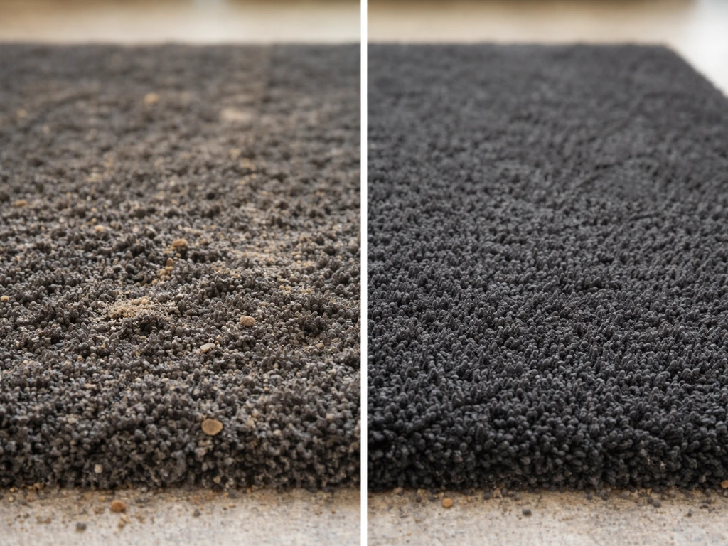 Moquette avant/après : poussière et sable fin dans les fibres puis zone nettement nettoyée.