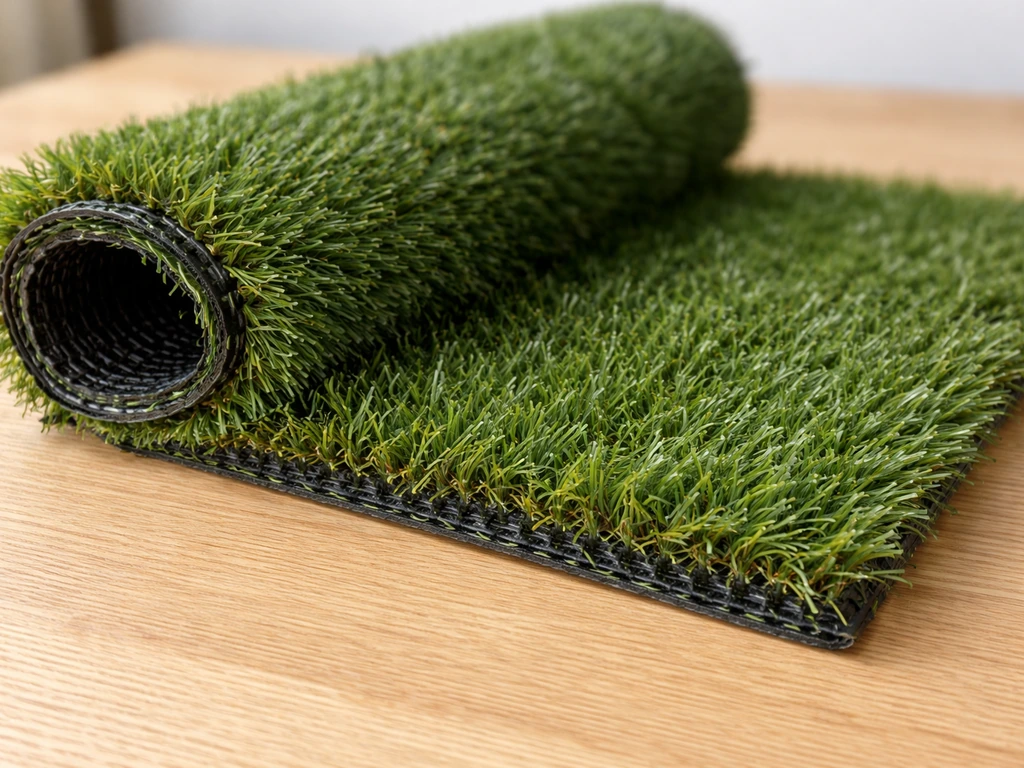 Gros plan sur un échantillon de gazon synthétique, montrant fibres plastiques et support textile.