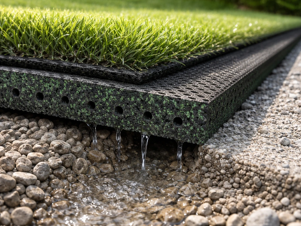 Détail d’une base en gravier avec sous-couche drainante perforée sous un gazon synthétique, pour évacuer l’eau.