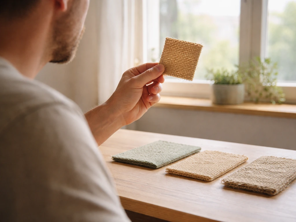 Échantillons de fibres textiles sur une table, lumière naturelle, rendu et texture au premier plan.