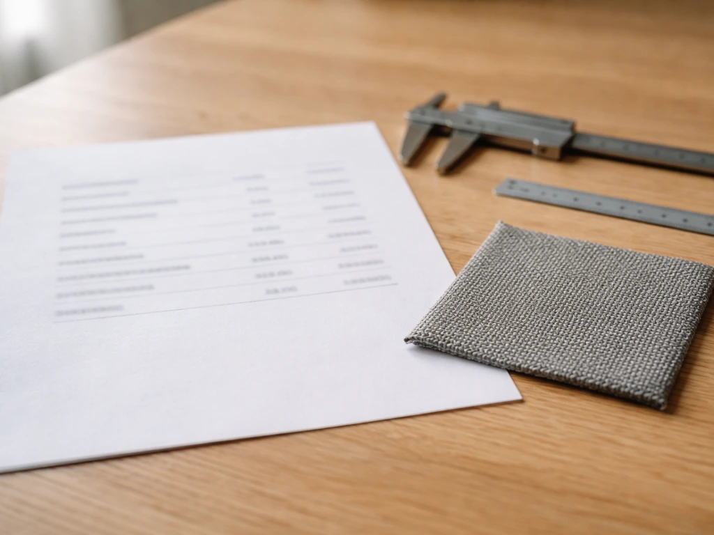 Gros plan sur une fiche technique papier et un échantillon de tissu, avec un pied à coulisse sur un bureau.