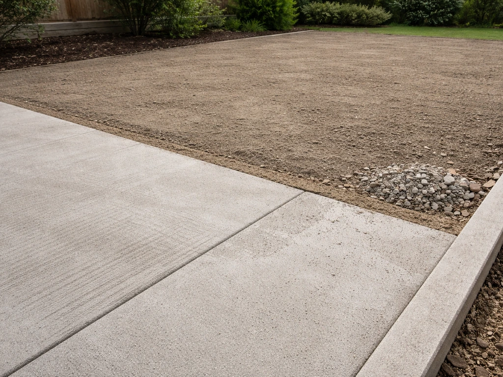 Terrasse en béton nettoyée et sable fin compacté, zone prête pour recevoir le gazon, sans flaque visible.