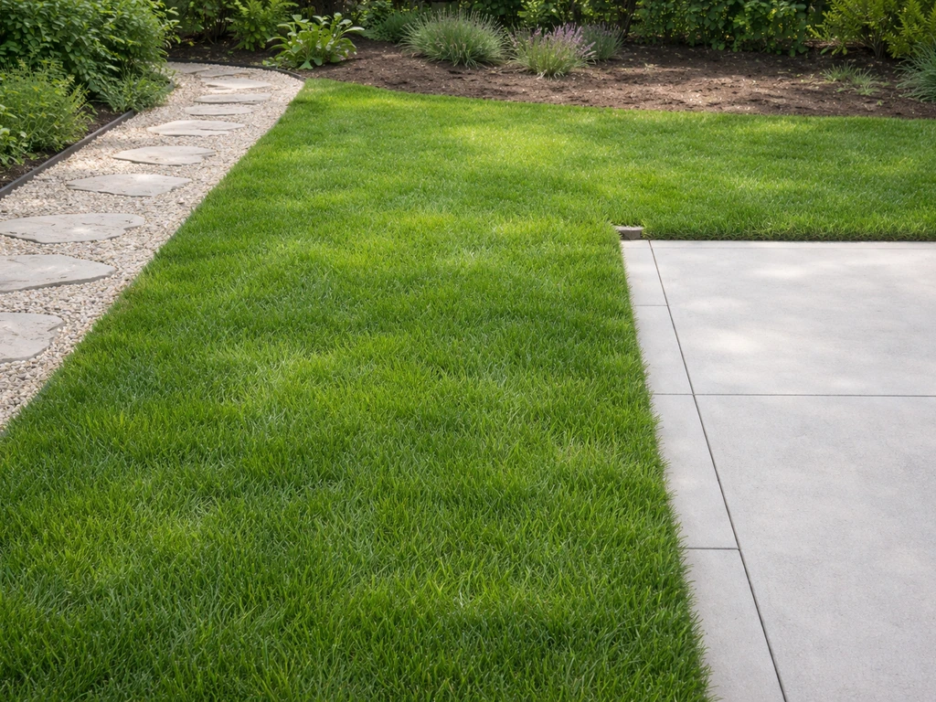 Gazon vert près d’une terrasse en béton, d’une allée et d’une zone en pleine terre, en arrière-plan jardin simple