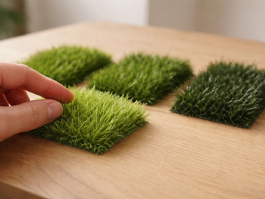 Gros plan de trois échantillons de fibres de gazon synthétique (PE, PP, nylon) sur une table, montrant leur texture