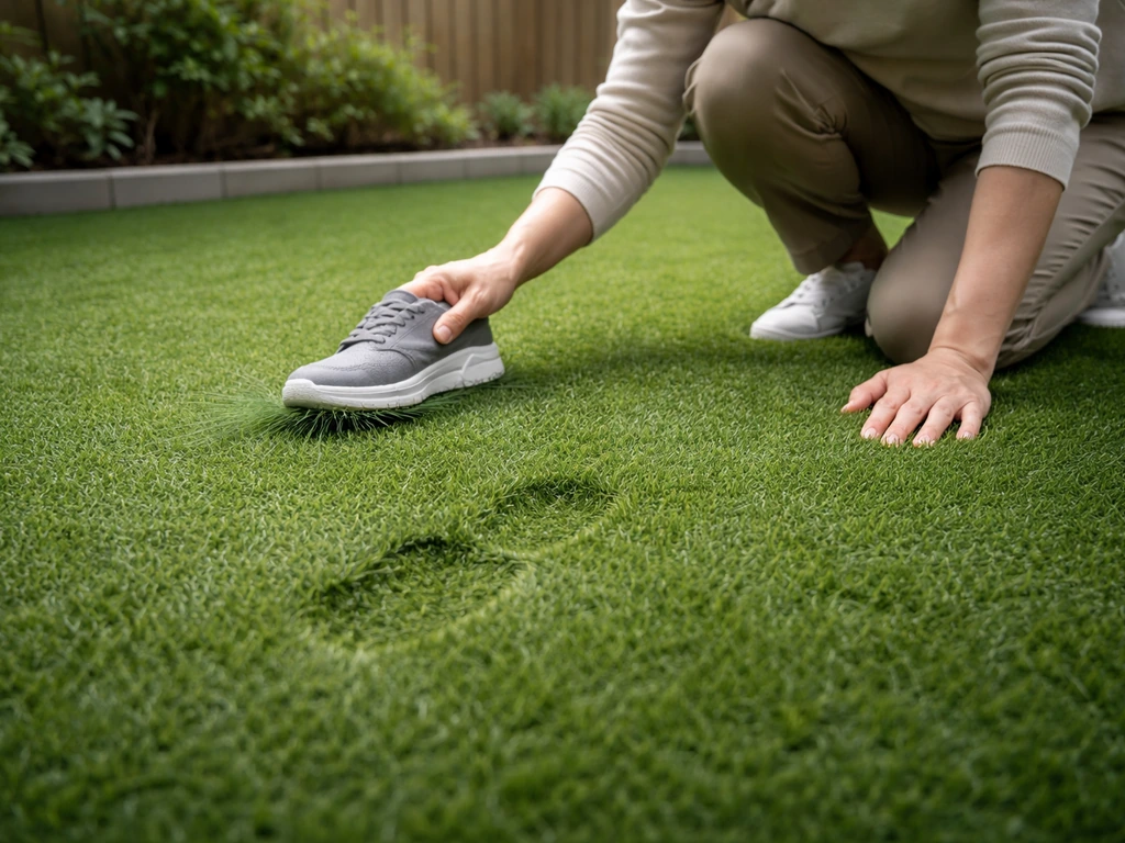 Jardin en gazon synthétique : une personne fait un test en marchant et en secouant légèrement une zone