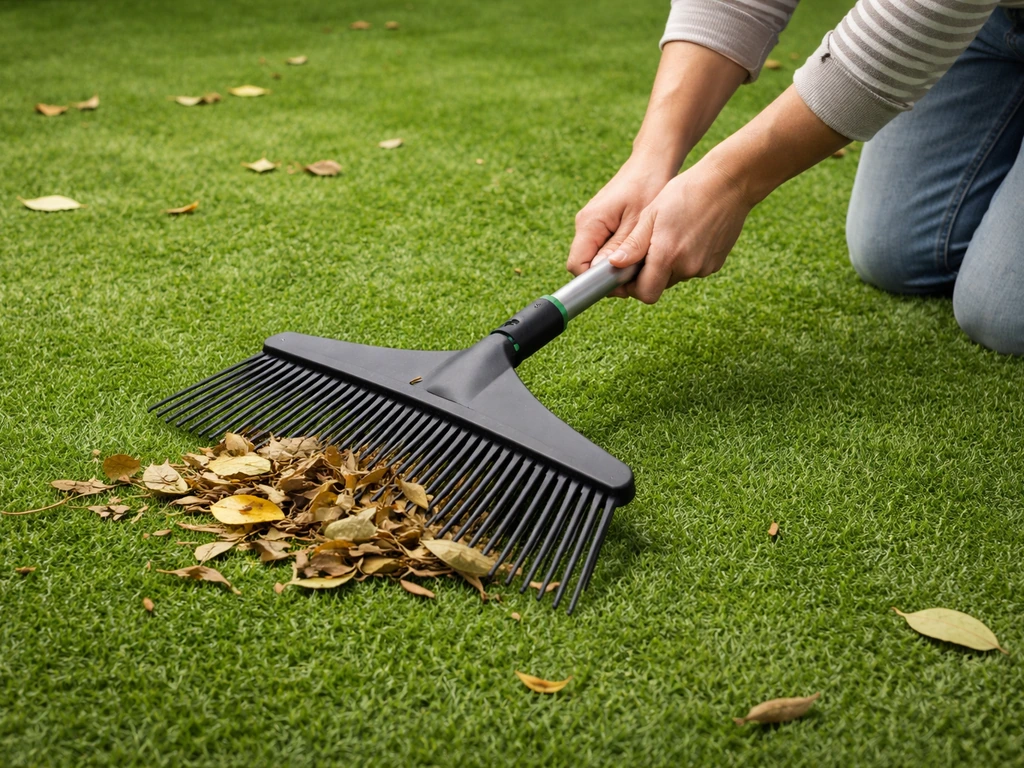Mains utilisant un outil pour balayer et ramasser des feuilles sur un gazon synthétique.