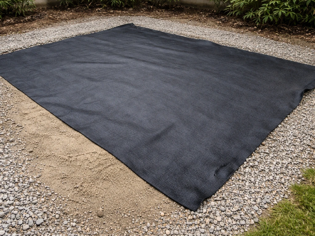 Géotextile noir posé sur sable et graviers, préparation d’une base drainante pour gazon synthétique.
