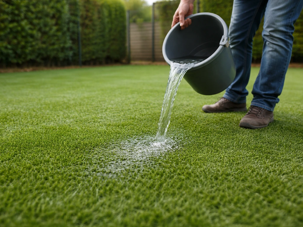 Gazon synthétique posé avec un seau d’eau versé, l’eau s’infiltre rapidement dans le sol.