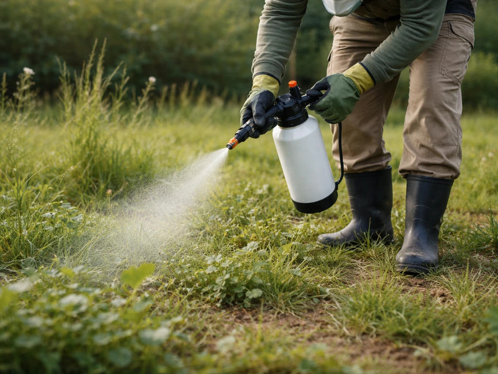 Agent anonyme pulvérisant un herbicide sur une pelouse envahie, avant décapage.