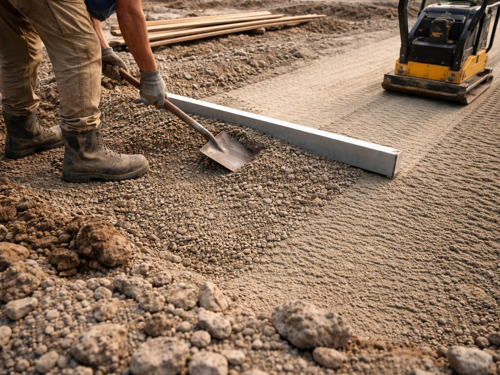Chantier : remblai sable/grave 0/20 nivelé puis compacté par un rouleau sur sol préparé.