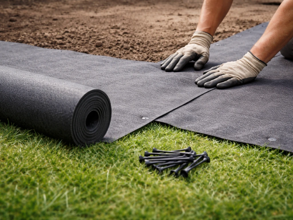 Géotextile posé sur pelouse avec recouvrement, sous-couche prête et chevilles de fixation visibles.