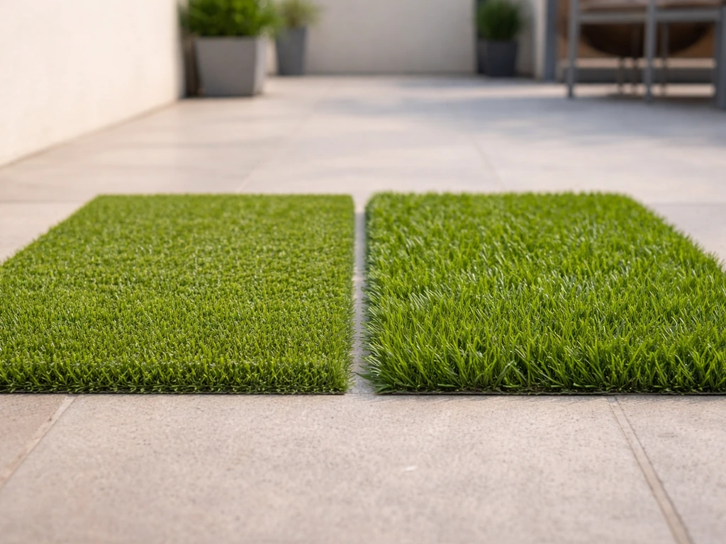 Comparaison côte à côte de deux hauteurs de brins de gazon synthétique sur une terrasse, en lumière naturelle.