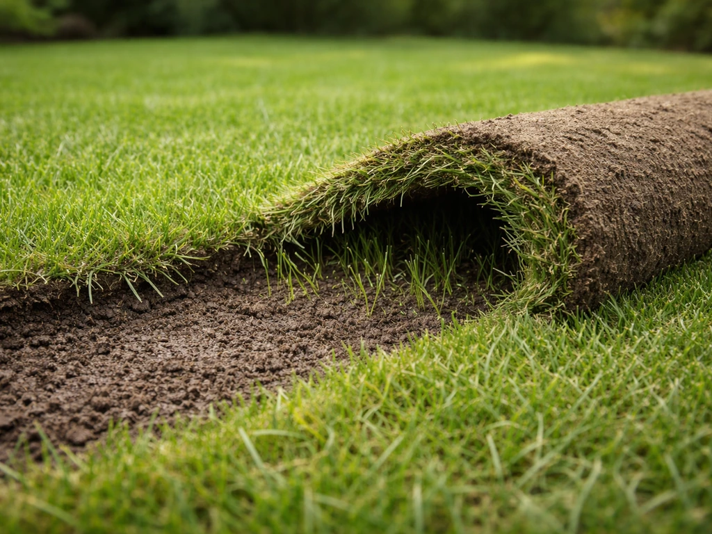 Gros plan sur une pelouse synthétique soulevée, herbe dessous et surface gondolée avant correction.