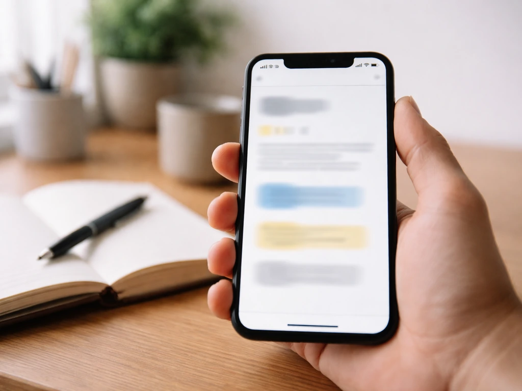 Une main consulte un avis sur smartphone, avec surlignage discret des infos clés (date, détails, support).
