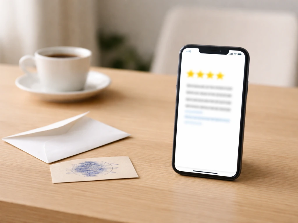 Smartphone sur un bureau avec écran flouté, accessoires discrets évoquant un avis trop positif et incomplet.