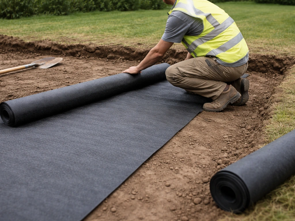 Pose d’un géotextile anti-mauvaises herbes sur terre après décaissement, vue de chantier.
