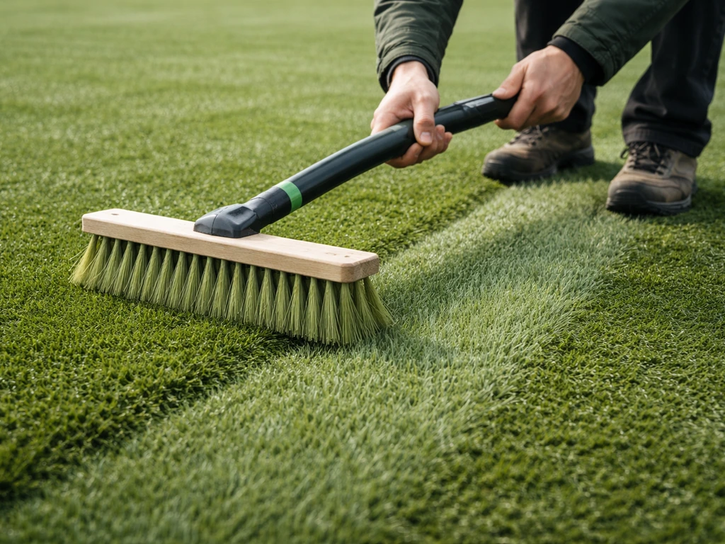 Mains qui brossent un gazon avec une brosse spécialisée sur une zone de passage, fibres redressées.