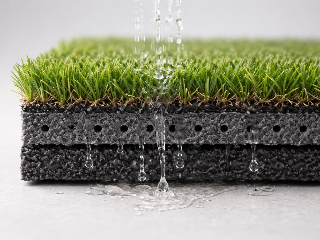 Gros plan d’une coupe de gazon synthétique avec de l’eau traversant les perforations et s’écoulant vers le bas.