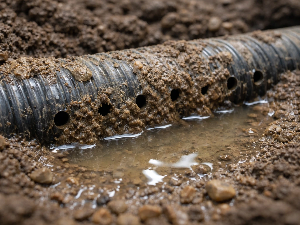 Gros plan sur de la terre fine colmatant une sous-couche drainante, eau stagnante près du sol