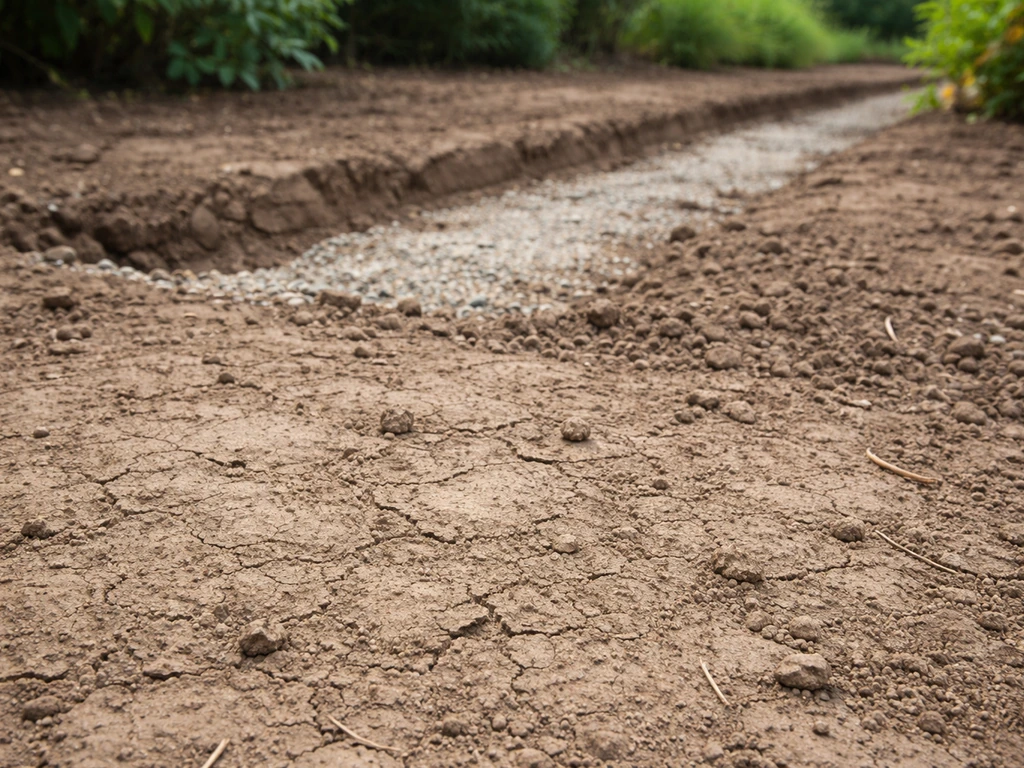 Sol argileux compact avant correction, avec tranchée et nivellement pour préparer le drainage.